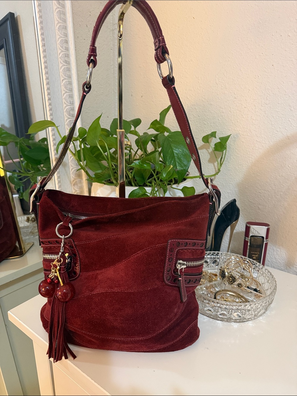 Vintage Patchwork Suede Shoulder large Hobo Bag - Burgundy
